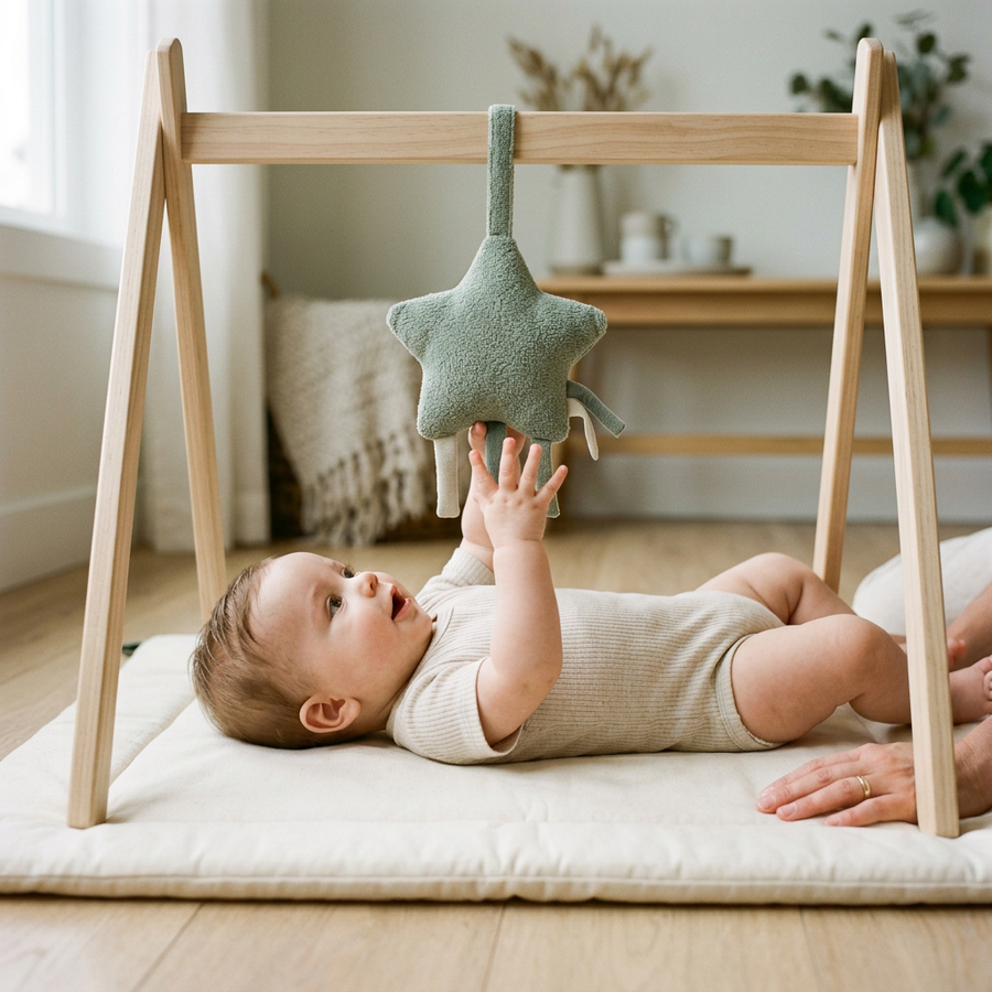 A baby reaching toward a textured toy on a play gym