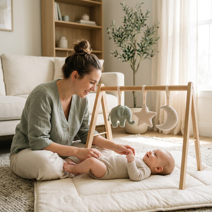 A parent and baby sharing a gentle moment beside a play gym