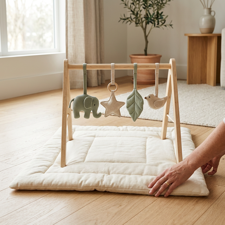 A parent preparing a comfortable play area with a wooden baby gym