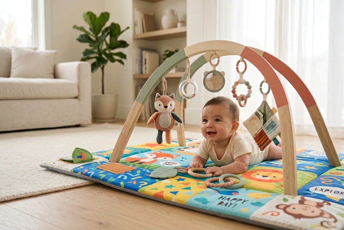 Baby enjoying tummy time on a sage play mat in a bright, cozy living room