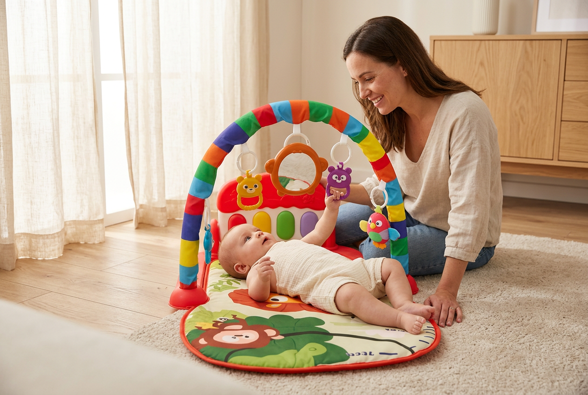Baby exploring a colorful activity play gym with a parent close beside them