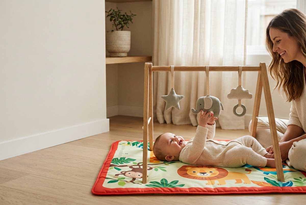 Lifestyle image edited with a colorful jungle-animal play mat beneath the baby